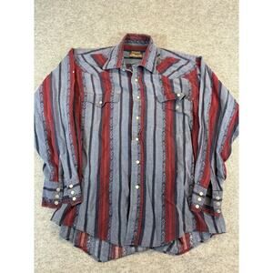 VINTAGE Outlaw Western Wear Shirt Men Large Blue Striped Pearl Snap Southwestern